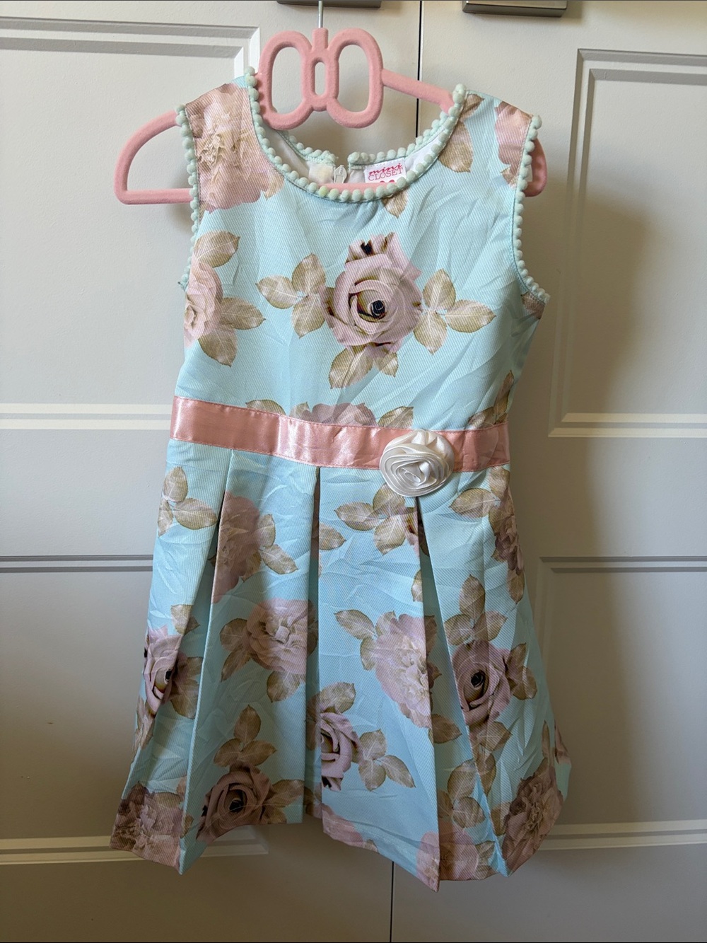 Girl's Floral Satin Belt Dress - Light Blue & Pink